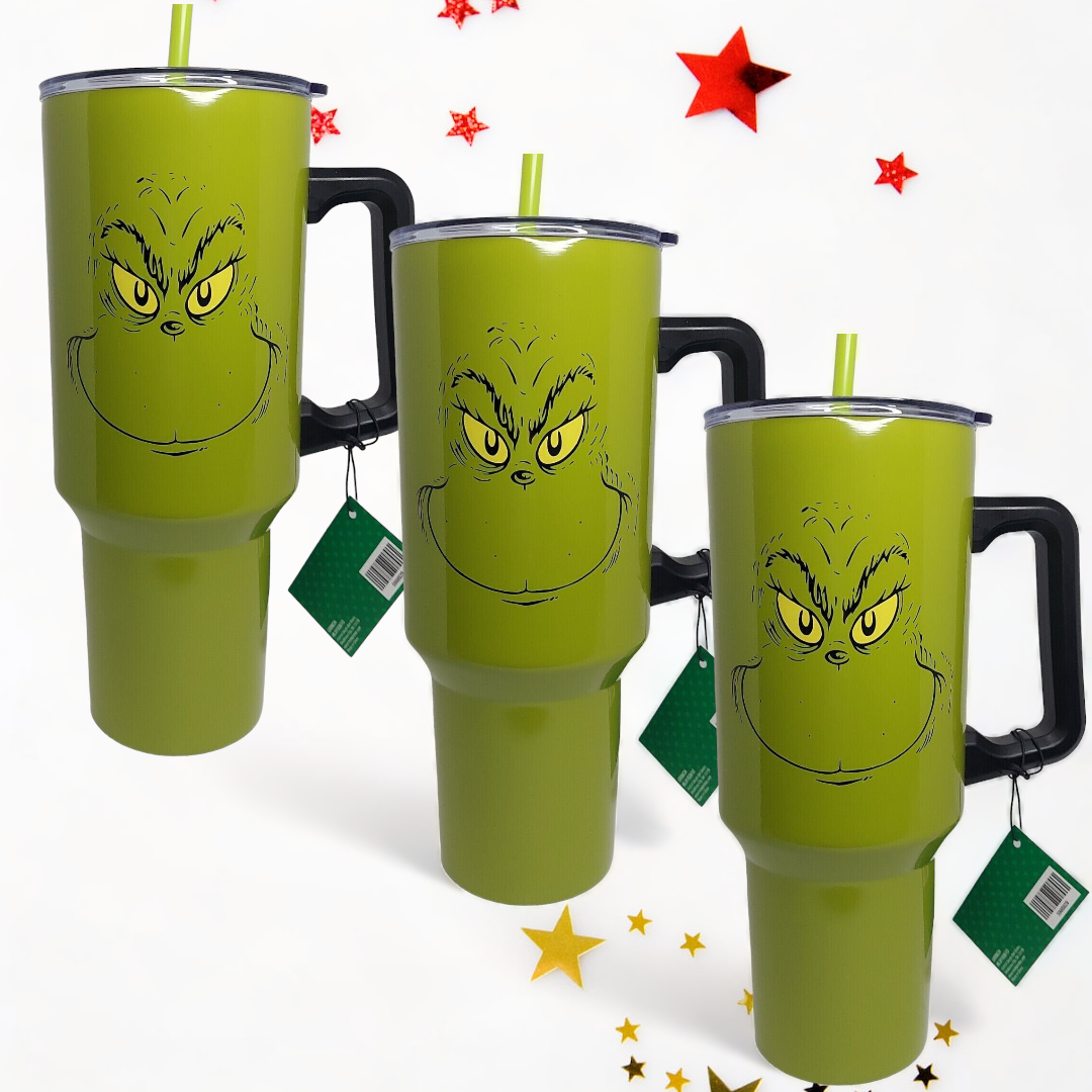 The Grinch Grinning Face 40 Oz Green Stainless Steel Tumbler With Handle - Image 9